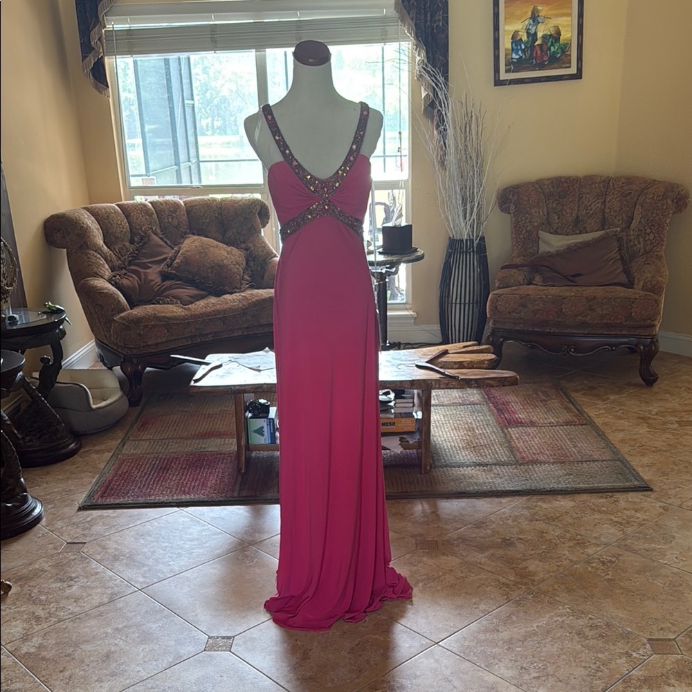 Riva Designs Pink Prom Gown with Gold Bedazzled Straps